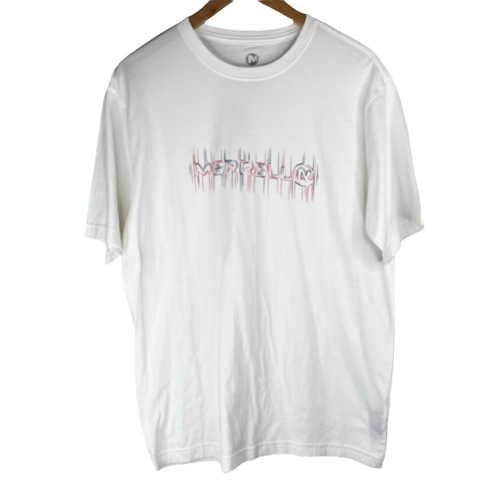 Merrell Logo Graphic TShirt  Mens Medium Crewneck Short Sleeve White Hiking Fish
